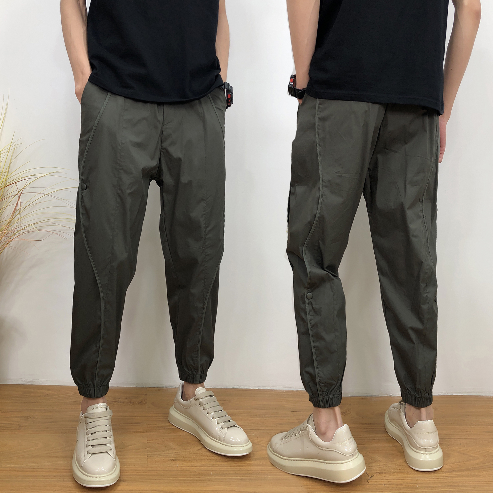 2022新款工装裤男宽松夏季薄款痞帅潮牌哈伦裤军绿色休闲九分裤男