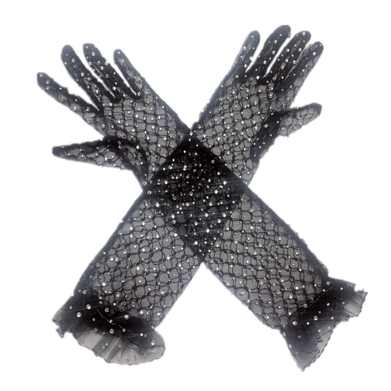 新款网红拍照片视频手套网纱黑色白钻闪手套中长影楼写真摄影新娘