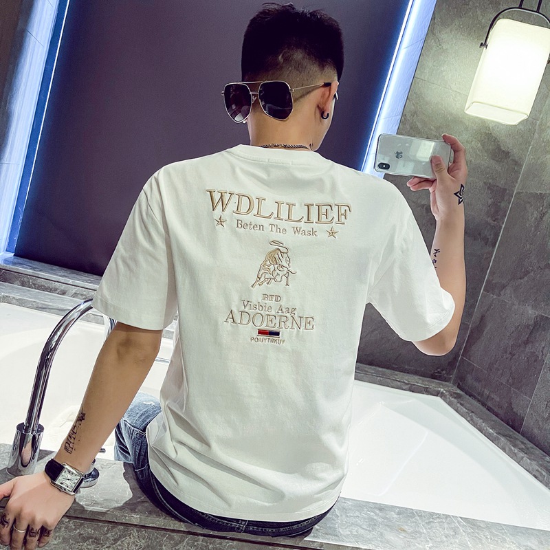 短袖T恤男士潮牌ins痞帅刺绣上衣服夏季网红百搭潮流男装半袖体恤