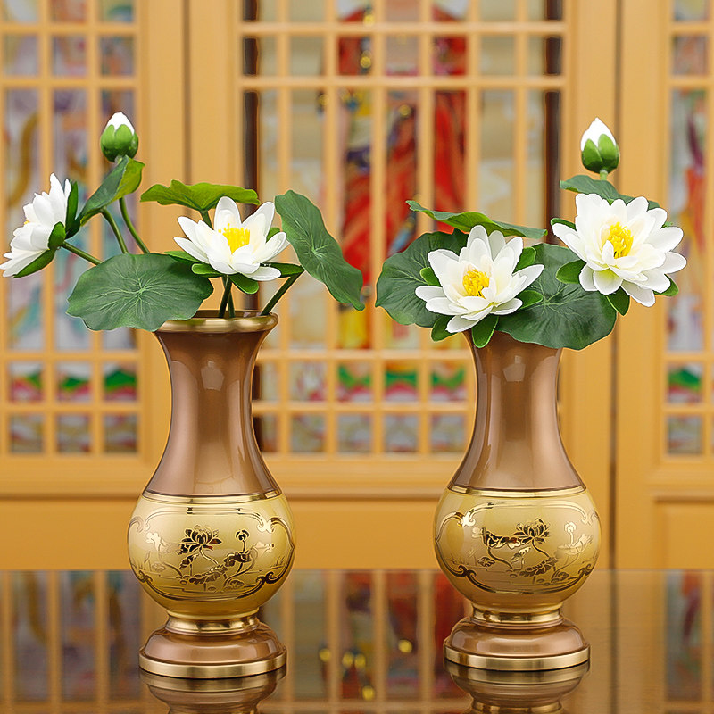 花瓶金葱双色纯铜莲花家用供奉插花佛堂观音花瓶