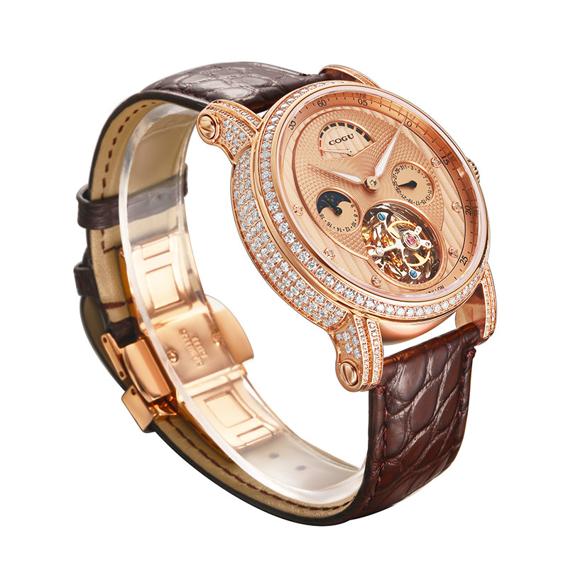 cogu手表男士商务奢华真钻多功能防水陀飞轮全自动机械腕表