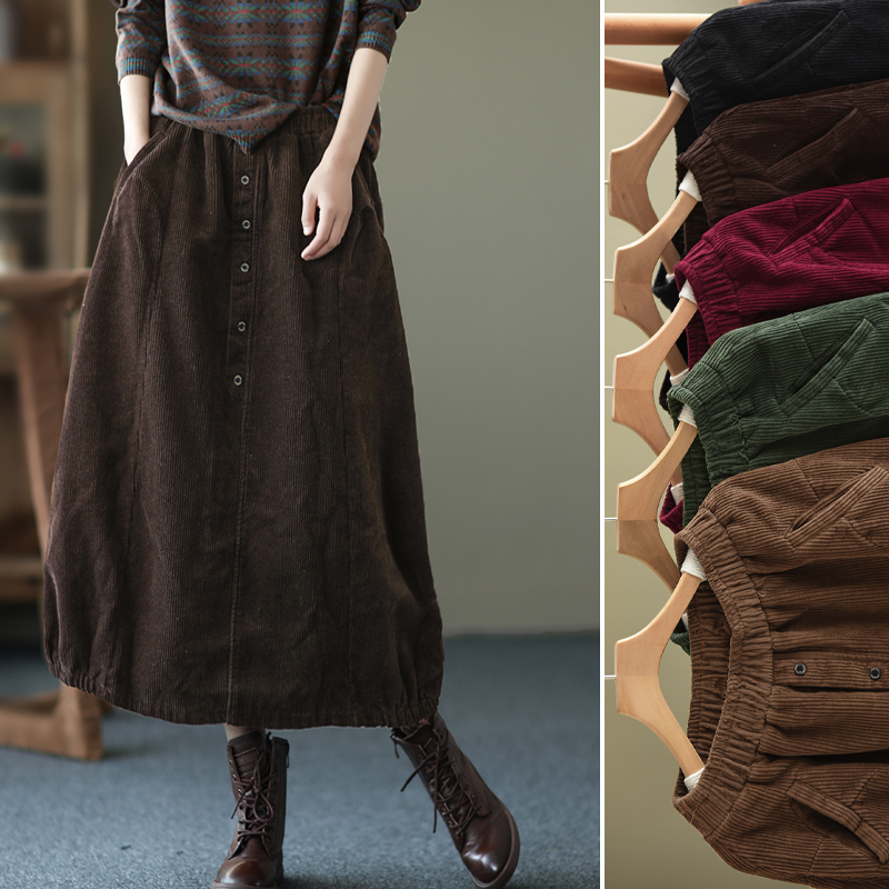 园园美衣冬季全棉灯芯绒女裙松紧腰中长款加绒半身裙加厚条绒裙