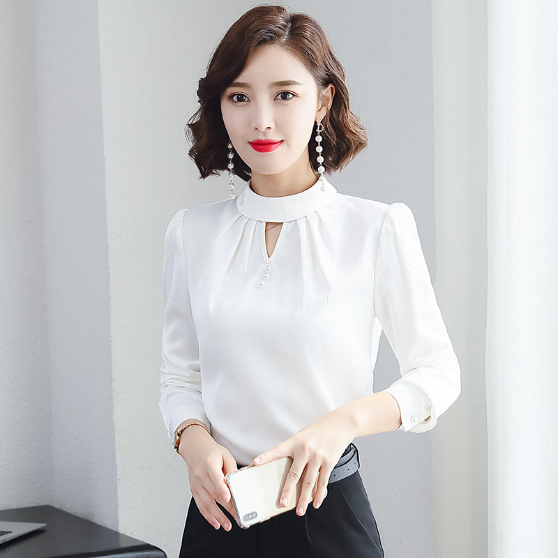 气质职业衬衫长袖雪纺淑女无领白色女土衬衣衬衫