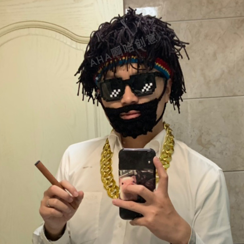 搞怪吃鸡头套个性欧美假发面罩脏辫胡子手工帽子