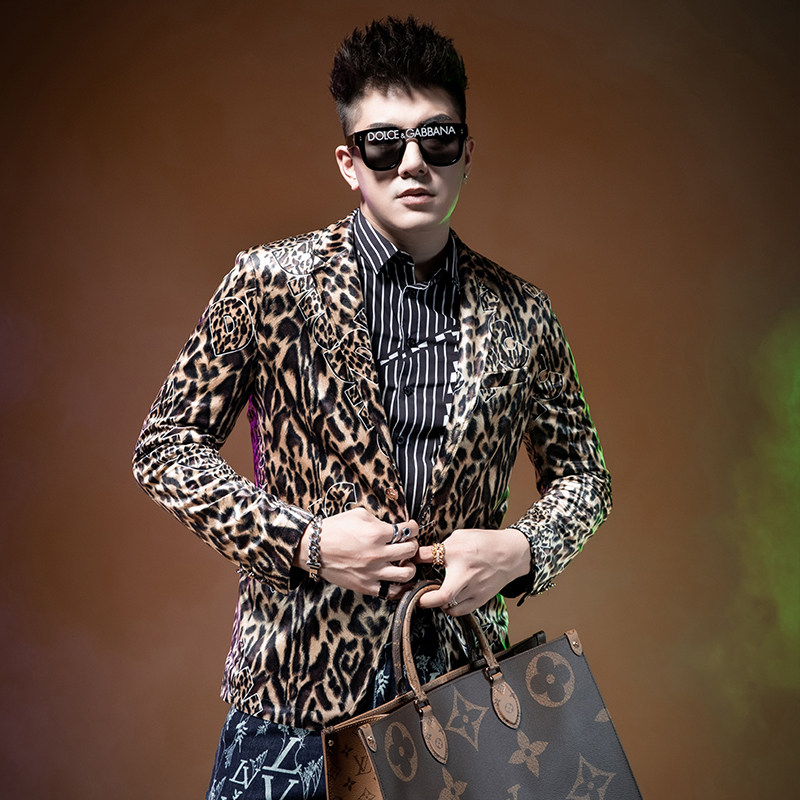 zouk男士痞帅豹纹外套炸街西装暴徒雅痞西服西服