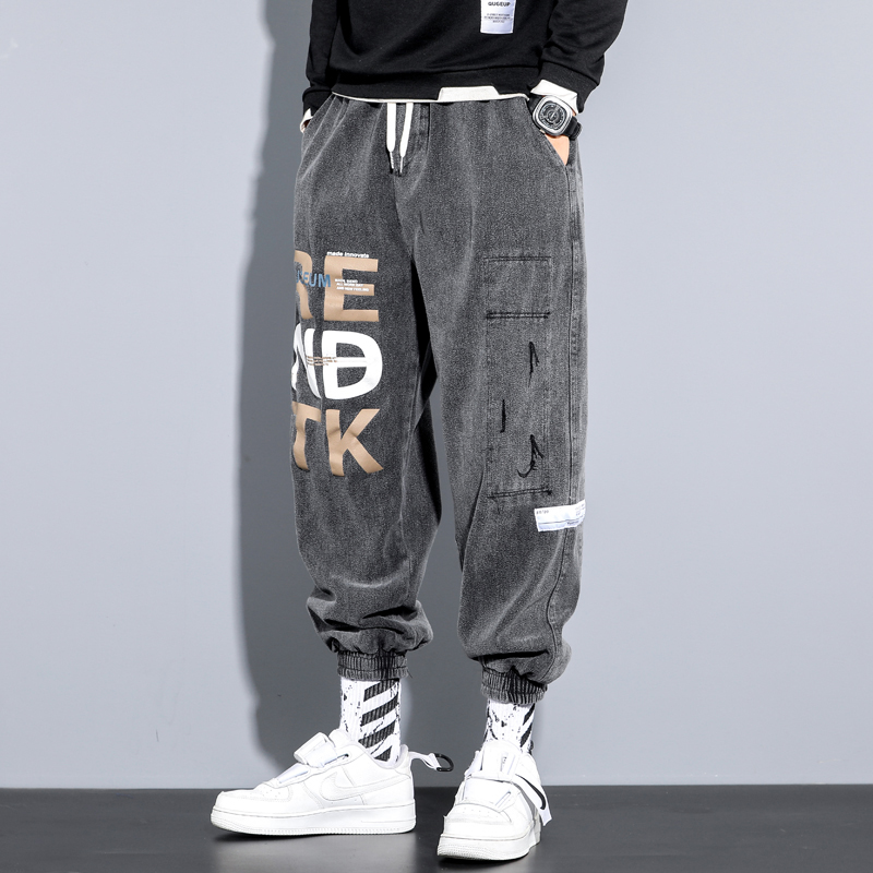 新款潮牌牛仔裤男春季宽松潮流大码男士工装休闲哈伦裤收口束脚裤