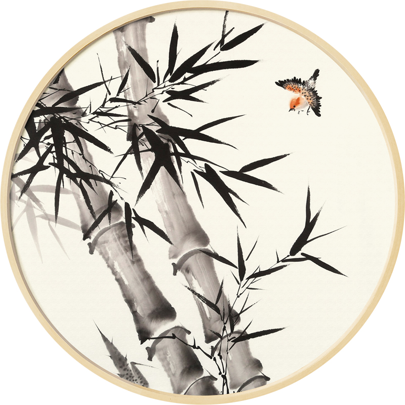 竹子茶舍形墙圆形国画水墨竹叶新中式禅意装饰画现代装饰画