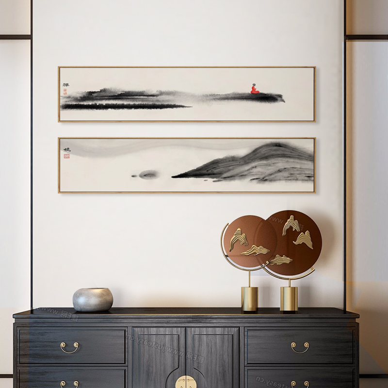 新中式客厅禅意山水画茶室横幅背景挂画书房意境水墨装饰画壁饰画