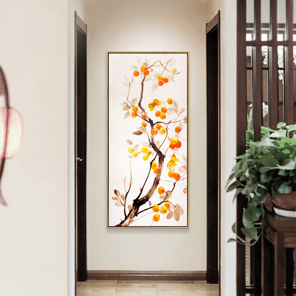 新中式事事如意装饰画 入户玄关风水挂画 柿子客厅走道竖版壁画