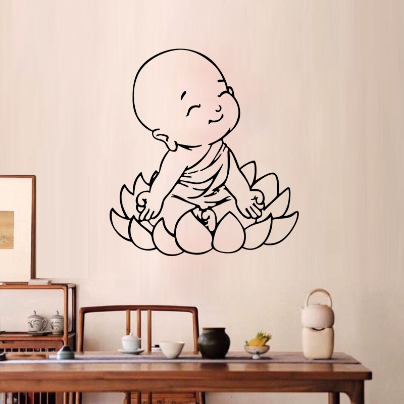 中式小和尚莲花盘坐墙贴小沙禅意贴画佛堂客厅墙贴
