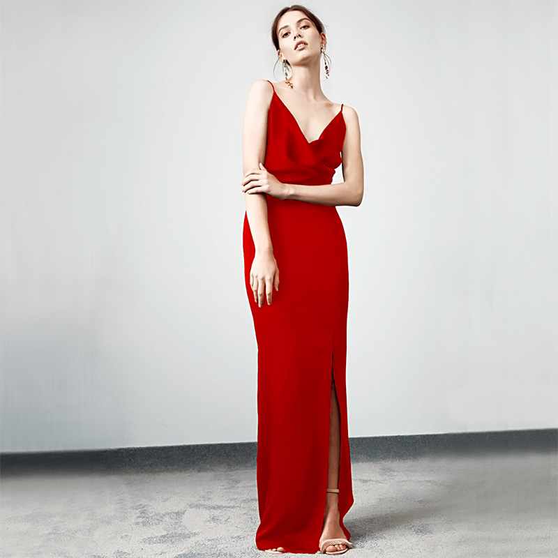吊带露背连衣裙红色开叉晚礼服春夏敬酒高腰新娘礼服