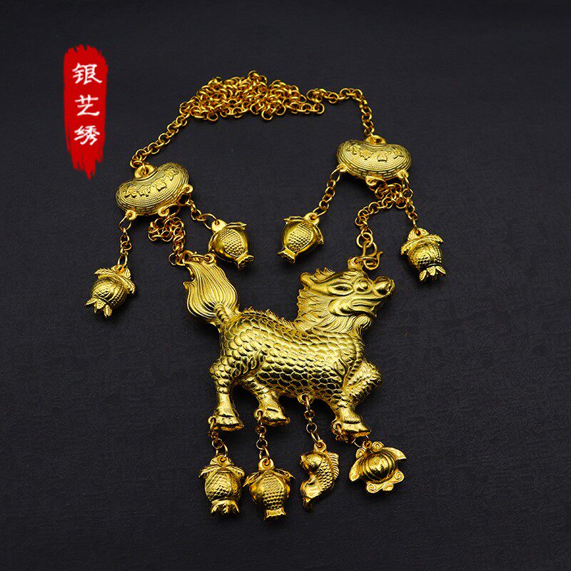 纯银镀金金麒麟长命手工古法复古明代汉服配饰项链