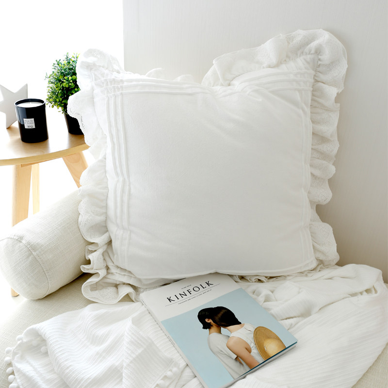 慕逸纯棉靠枕韩式公主风全棉抱枕白色蕾丝荷叶边花边靠枕套含芯