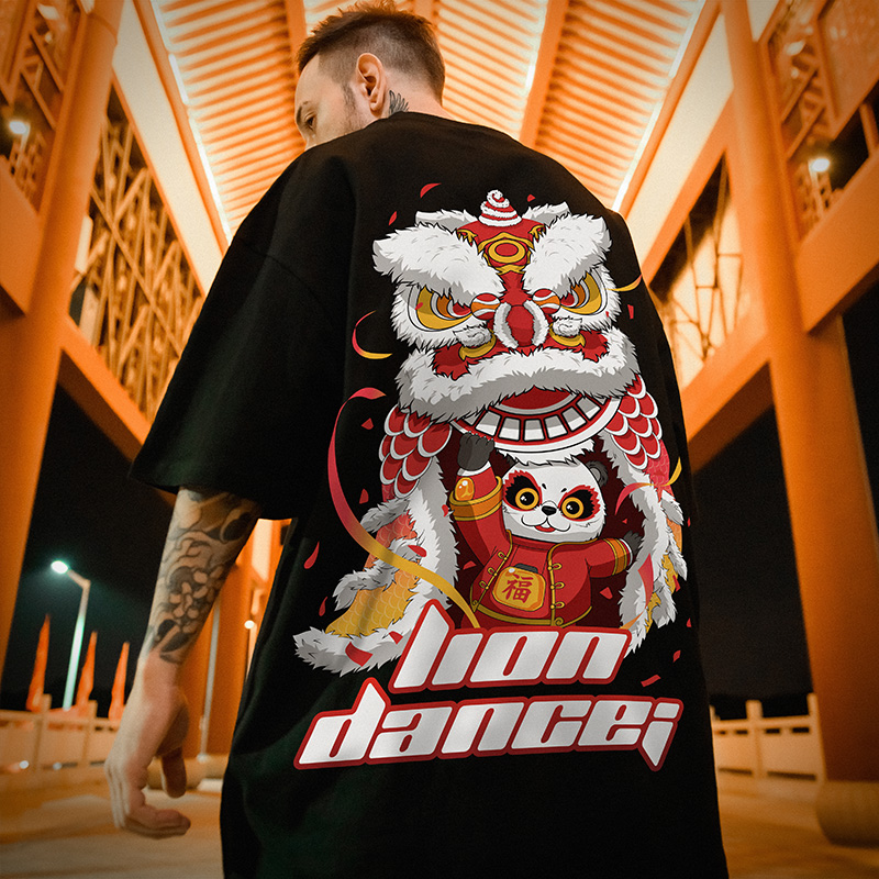 国潮短袖半袖五分情侣装舞狮潮牌港风男装纯棉t恤