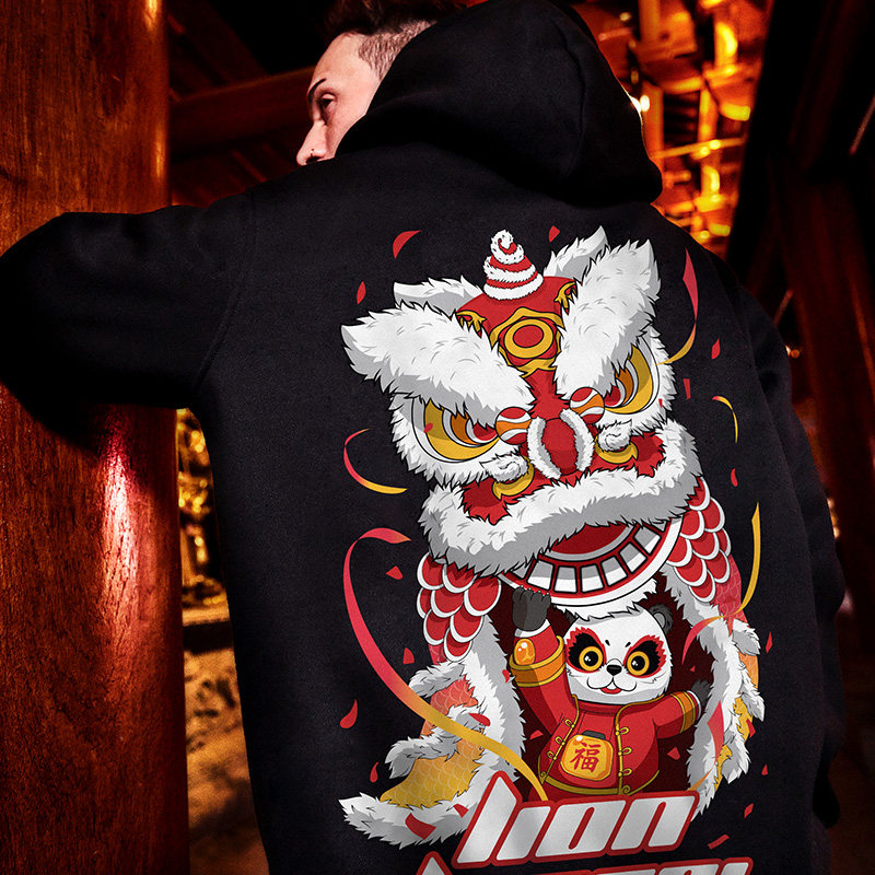 醒狮潮牌卫衣男胖子男装国潮中国国风连帽衫加卫衣