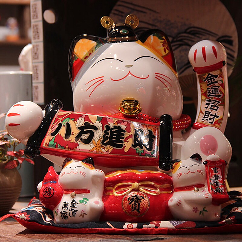 福缘猫店铺收银台电动摇手陶瓷网红招财猫摆件公司开业送礼会招手