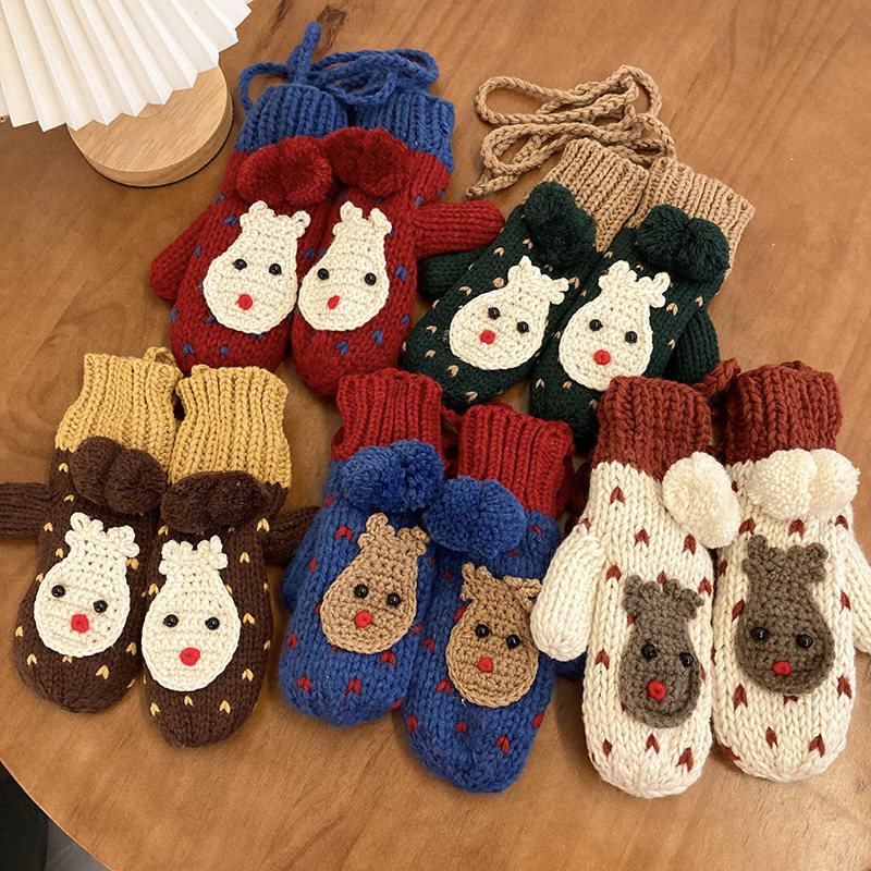 手套冬季新款针织毛线加绒加厚可爱麋鹿圣诞手套