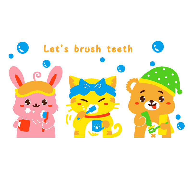 卡通动物刷牙贴画3d立体墙贴幼儿园卫生间洗手墙贴