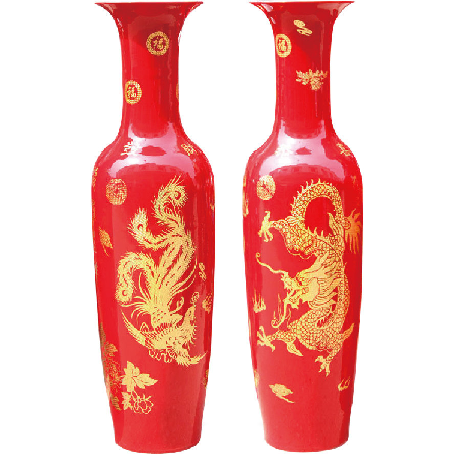 景德镇陶瓷中国红色喜庆落地大花瓶龙凤呈祥客厅摆件婚庆花瓶