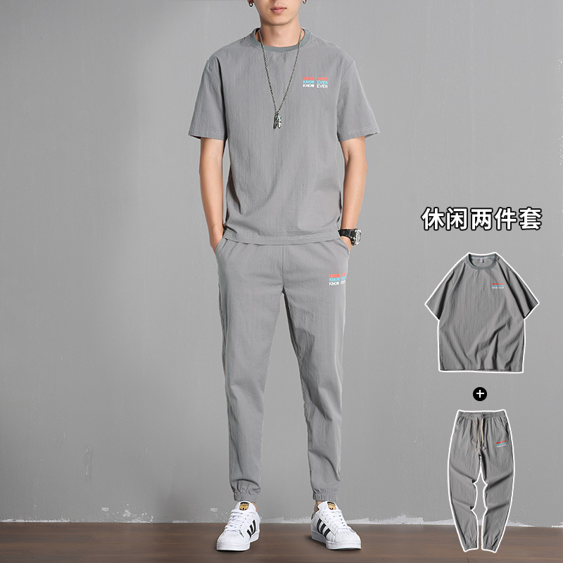 夏季亚麻套装男2022新款潮夏天休闲运动套装短袖棉麻衣服两件套薄