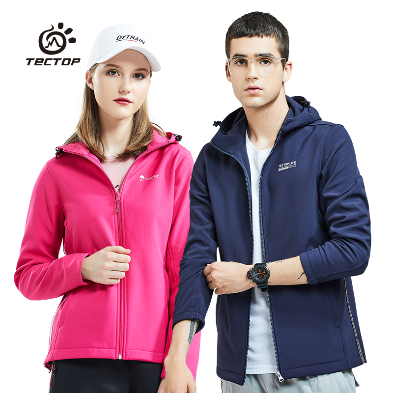 探拓户外TECTOP秋冬新款男女防风保暖抓绒内里连帽外套软壳衣