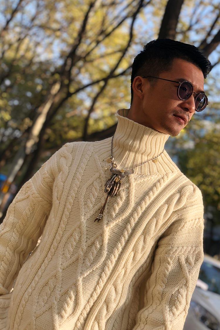 潘华尔姿手工编织男装毛衣高领套头衫时尚洋气麻花条纹秋冬新款