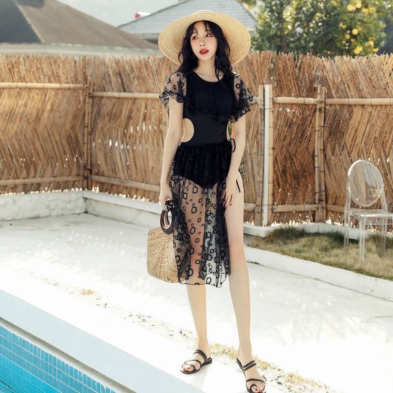 金格尔泳衣女性性感连体黑色显瘦复古古高开叉连体泳衣