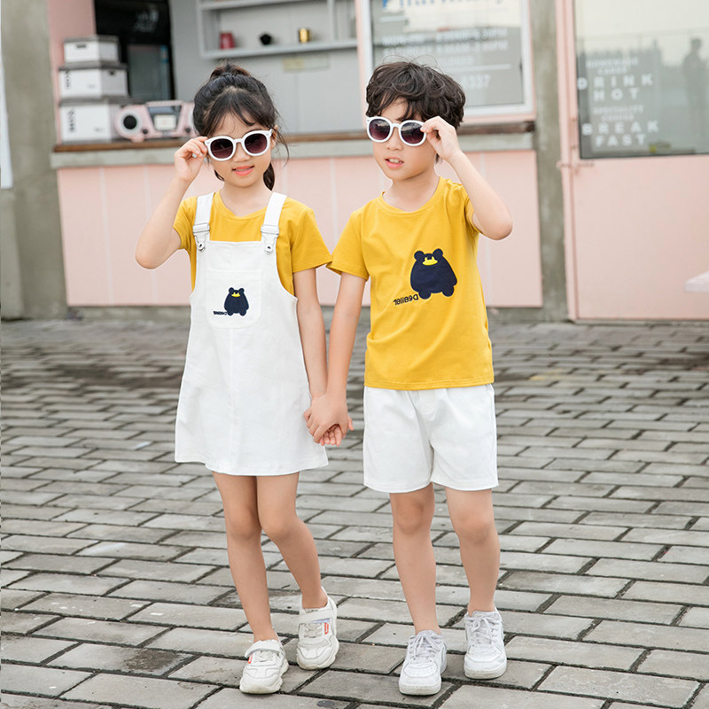 童装女童夏装吊带背带裙套装洋气纯棉男童中大童儿童兄妹姐弟装