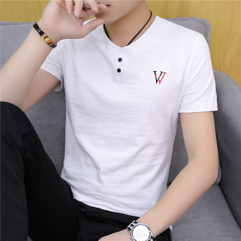 男装短袖T恤夏季2022新款韩版潮流男士V领半袖冰丝潮牌修身上衣服