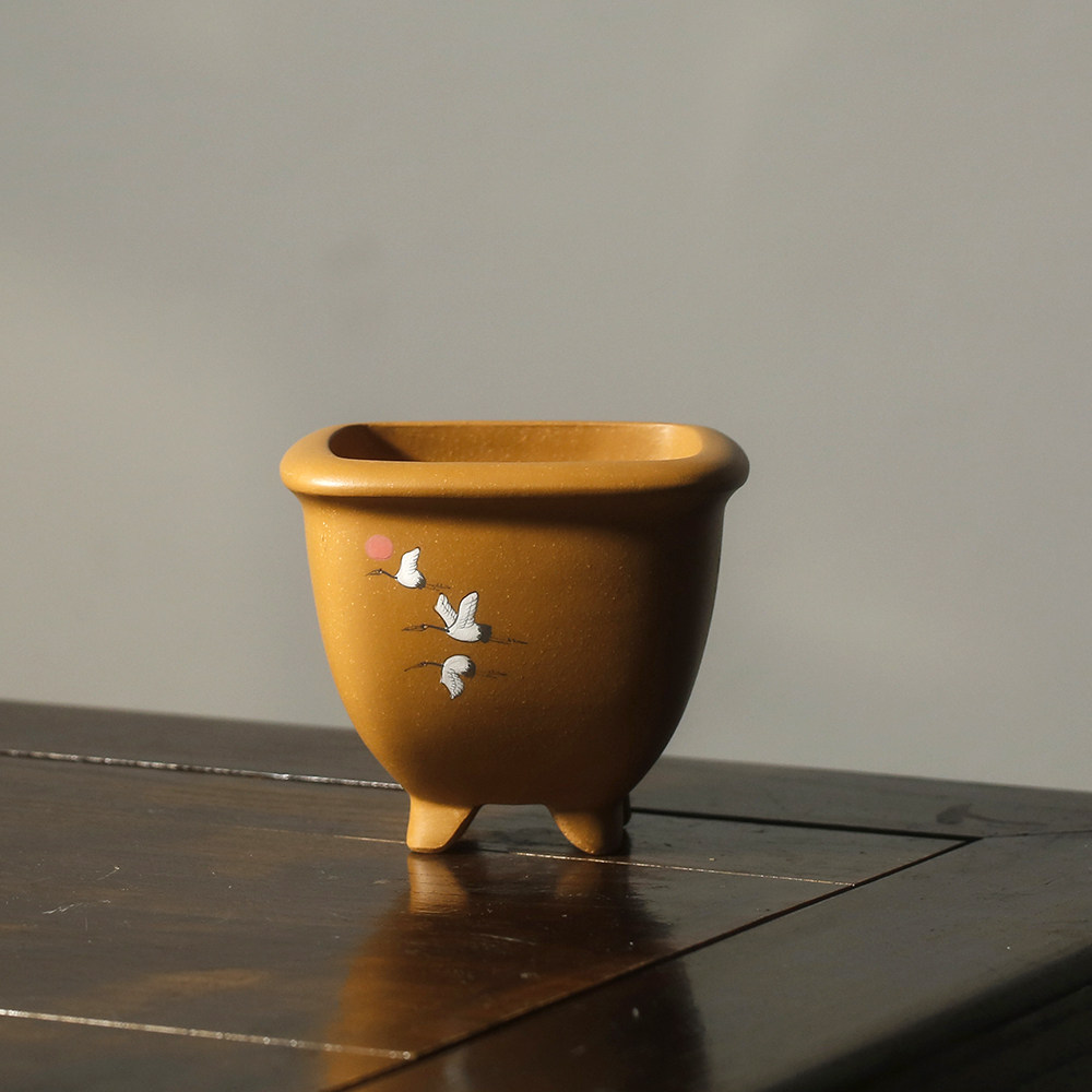 尚扣紫砂段泥手工四方微型花盆泥绘松鹤延年花盆