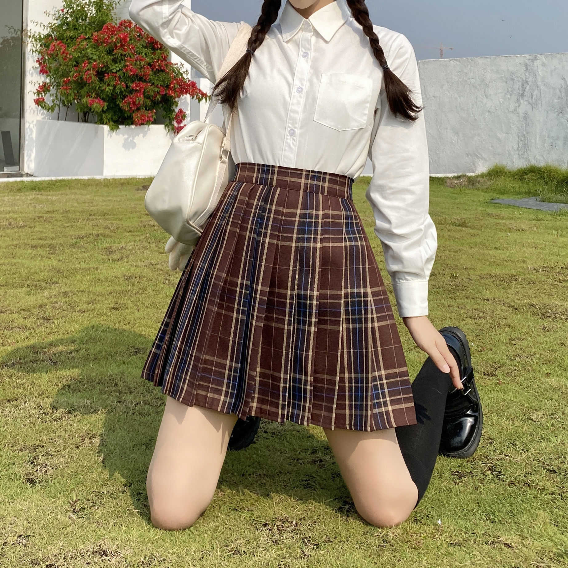 秋冬校供字裙高腰半身学院猪肝百褶裙格裙制服半身裙