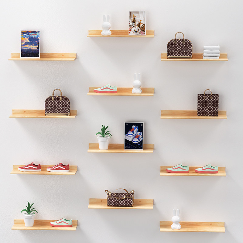 鞋架包包展示架童装服装店墙壁壁挂实木置物架托板服装展示架
