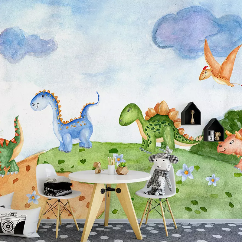 卡通恐龙儿童背景背景墙墙纸男孩卧室动物个性定制壁画