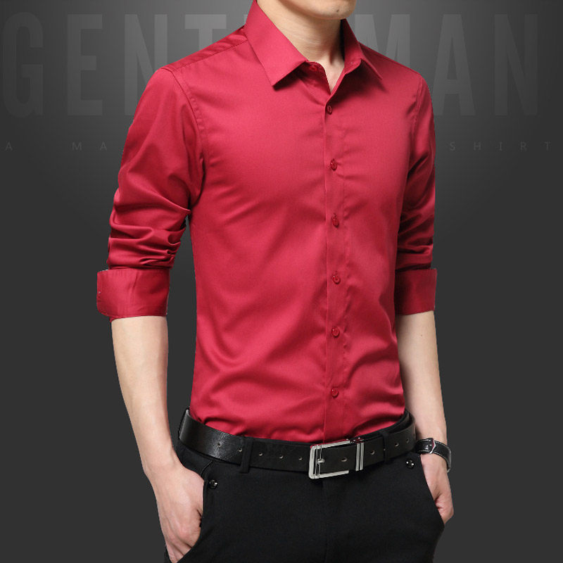 红色衬衫长袖本命年喜庆修身休闲免烫高档丝光衬衫