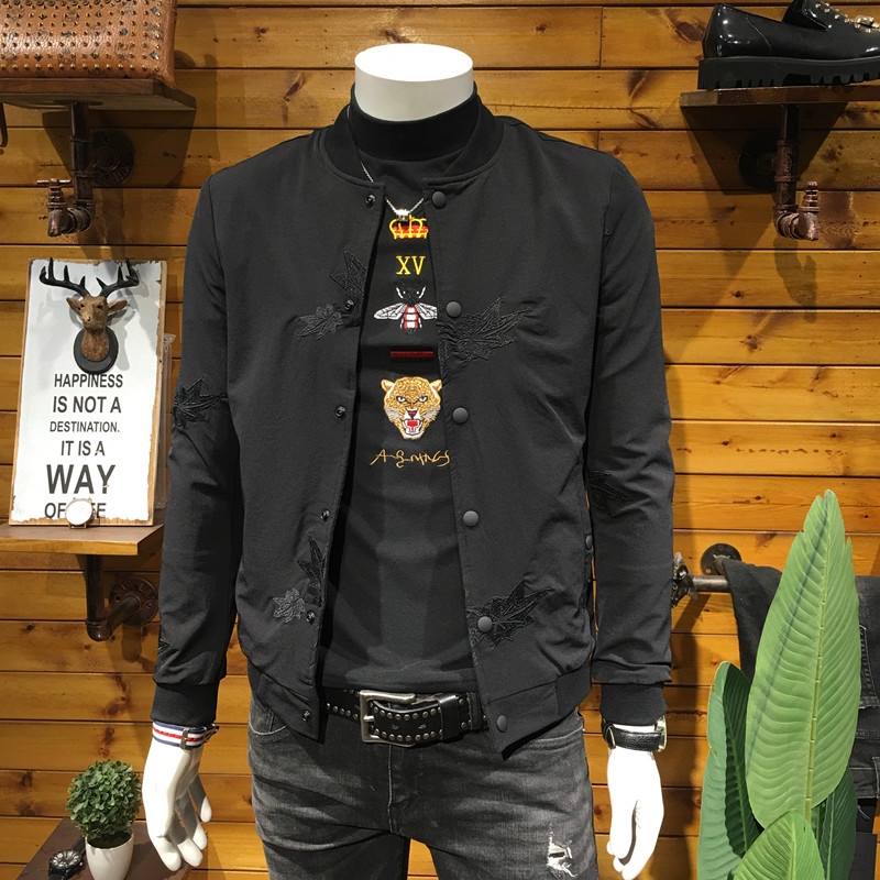 欧洲站2021秋冬刺绣男装青年韩版修身简约立领夹克大码上衣外套潮