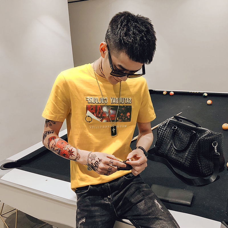 社会精神小伙短袖男士t恤潮流韩版修身网红同款圆领印花半袖衣服