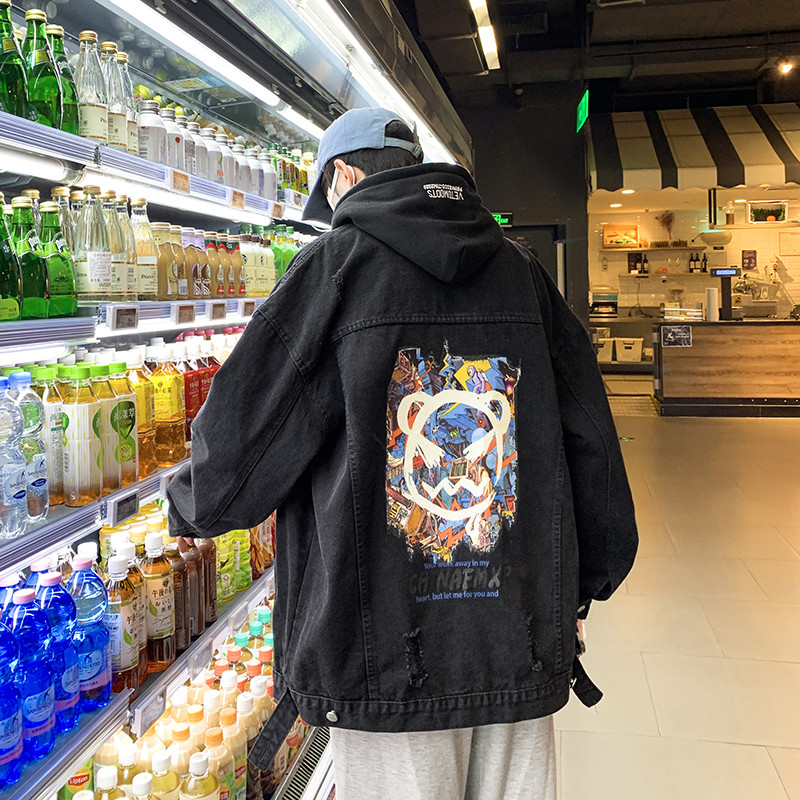 牛仔外套男春秋季潮流ins港风宽松大码加绒新款衣服百搭工装夹克