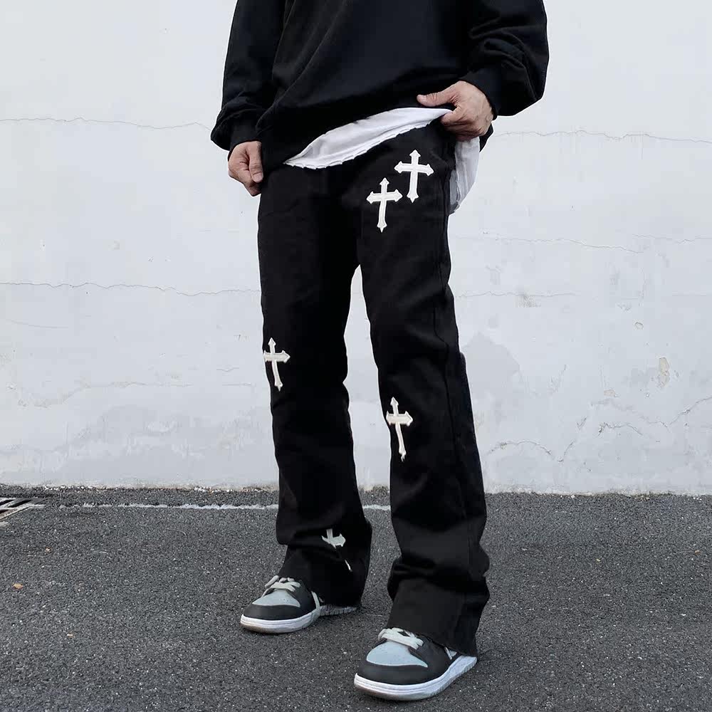 ins欧美美高街黑白十字架贴布刺绣百搭复古个性休闲裤