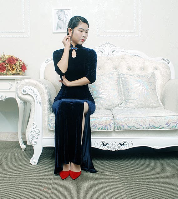 2020金丝绒旗袍长款鱼尾旗袍修身性感长旗袍鱼尾裙礼服前开叉大码