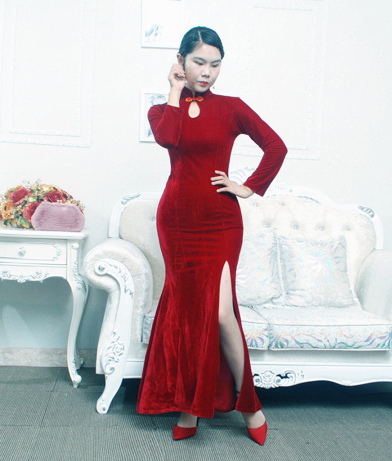 旗袍鱼尾2020金丝绒长款修身性感礼服前开叉大码旗袍