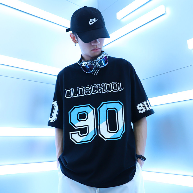 韩版bf风潮流运动棒球服男生宽松休闲学生嘻哈潮牌夏天v领短袖t恤