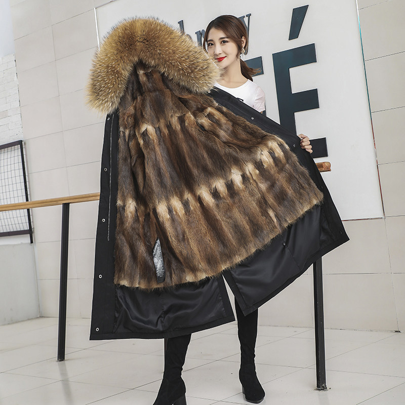韩曼奴2019新款派克服女水貂青根貂内胆貉子毛领长款大衣皮草外套