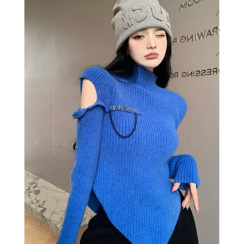 克莱因蓝半高领毛衣针织打底衫女内搭秋冬洋气独特上衣设计感小众