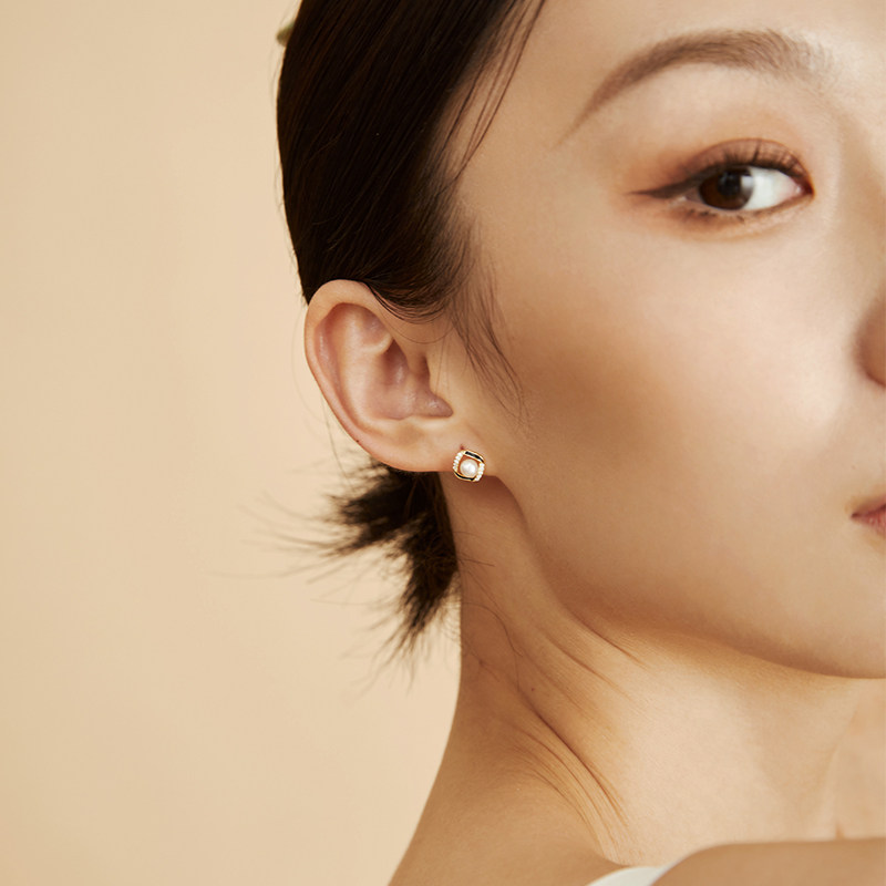 shine萱子饰品几何珍珠简约耳饰水钻珍珠925银耳钉女夏小众设计