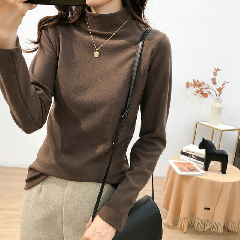 半高领打底衫女2022秋冬新款大弹力内搭长袖磨毛T恤修身外穿上衣
