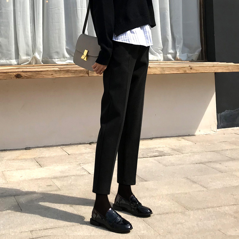 毛呢西装裤女秋冬高腰复古小脚奶奶裤毛呢烟管裤九分萝卜休闲长裤