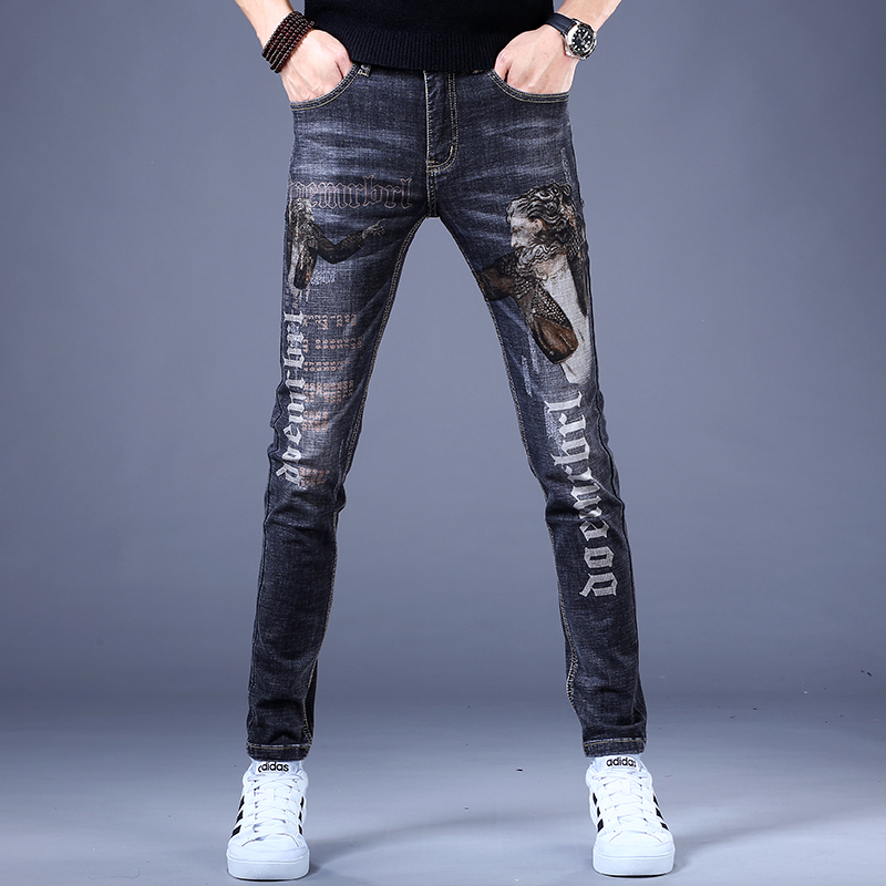 男士印花牛仔裤男夏季薄款潮牌高端修身小脚刺绣休闲裤子2022新款