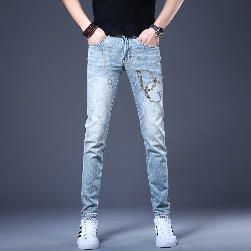 男士高端牛仔裤男潮牌2021新款夏季薄款烫钻男裤修身小脚裤子休闲