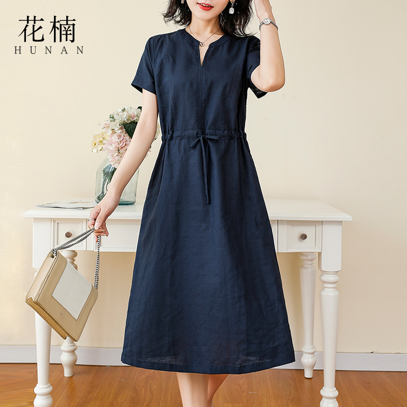 大码棉麻休闲连衣裙女短袖夏季中长款通勤气质胖妹妹文艺亚麻裙子