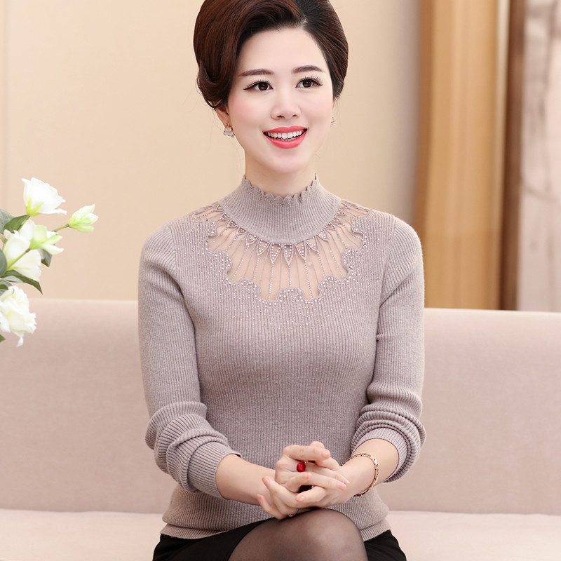 妈妈秋装弹力长袖打底衫中年女士外穿内搭毛衣40岁50洋气上衣服厚